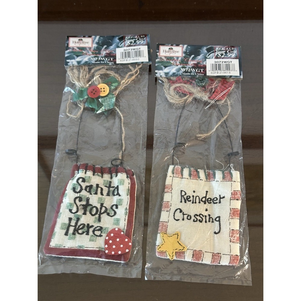 2 HollyTree Reindeer Crossing Santa Stops Hanging Ornament #3072WGT NOS Vintage